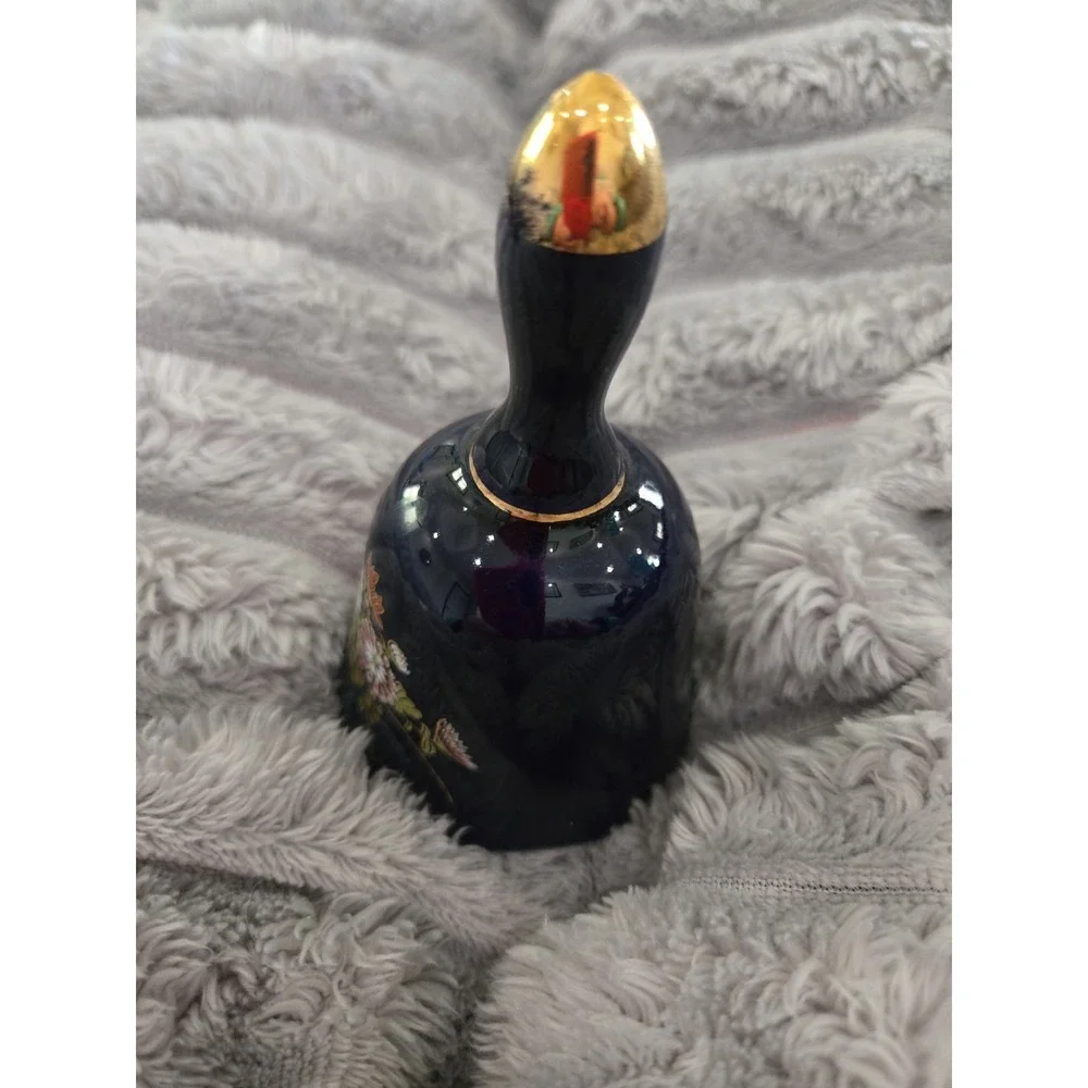 Cobalt Blue Ceramic Bell with Flowers‎ - Gold Accents 3.75